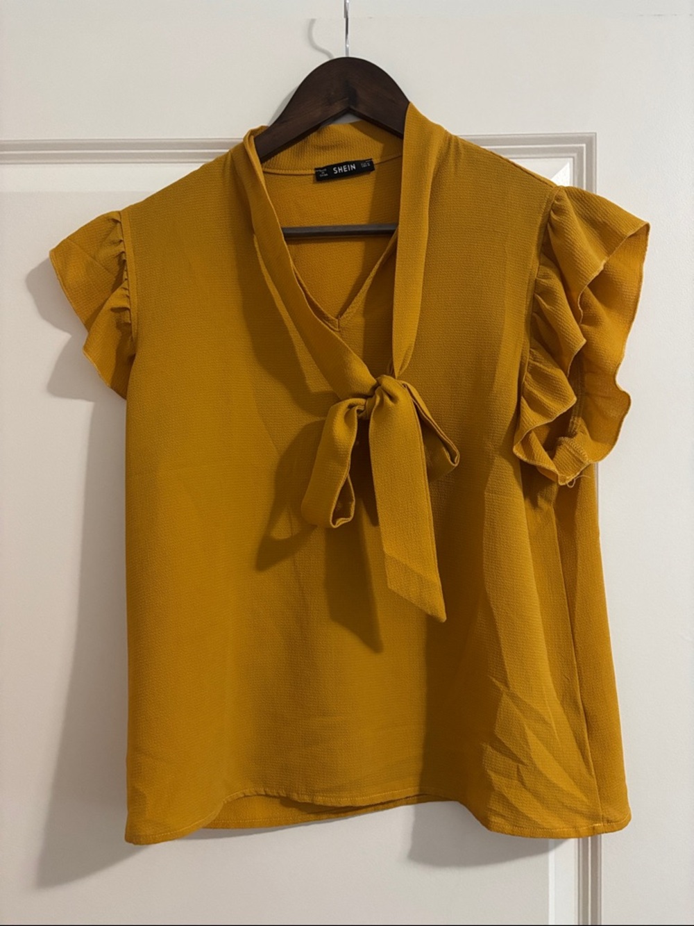 SHEIN Mustard Tie-Neck Ruffle Sleeve Blouse